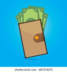 vector brown wallet with green paper dollars money icon isolated on blue background. finance mobile app or mobile banking icon design template