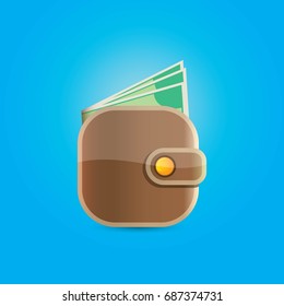 vector brown wallet with green paper dollars money icon isolated on blue background. finance mobile app or mobile banking icon design template
