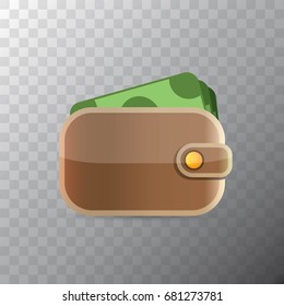 vector brown wallet with paper dollar money icon isolated on transparent background. finance mobile app or mobile banking icon design template