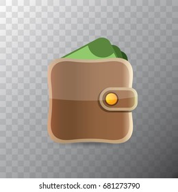 vector brown wallet with paper dollar money icon isolated on transparent background. finance mobile app or mobile banking icon design template