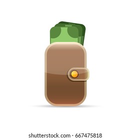 vector brown wallet with paper money icon isolated on white background. finance mobile app icon design template