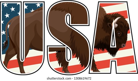 vector brown zubr buffalo bison on US flag illustration