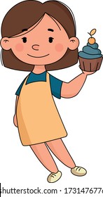 Vector brown-haired girl holding a cupcake with a cherry in her hands. For website, postcards.