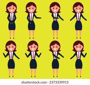 Vector of Brown-Haired Woman in Business Attire in 8 Different Poses for Professional and Commercial Illustrations