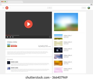 Vector browser window with video player web site mock up. Music players mockup. Video screen template. Movie play layout mockup. Video vector design template.