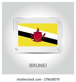 Vector Brunei Flag glass plate with metal holders - Country name label in bottom - Gray background vector illustration
