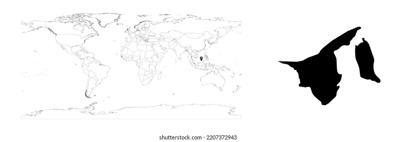 Vektor Brunei Karte mit der Lage des Landes auf der Weltkarte und der soliden Karte für Brunei auf weißem Hintergrund. Die Datei eignet sich für die digitale Bearbeitung und Drucke aller Größen.