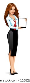 vector brunette business lady at a presentation with a gadget in her hands