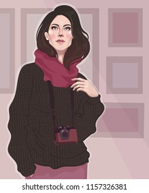 vector brunette girl photographer, in volumetric sweater and stylish scarf, with a camera, on the background of photos and pictures exhibition