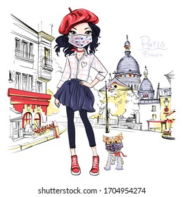 Vector brunette girl in protective masks walking a dog during coronavirus COVID-19 quarantine near Sacre-Coeur in Paris, France