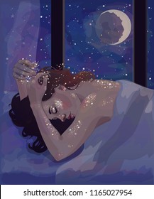 vector, the brunette girl is sleeping under the starry sky and the light of the moon visible through the window, and the stars seem to be reflected from her skin