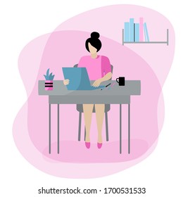 vector brunette hair woman working at table with laptop modern illustration stay home