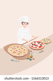 vector brunette man cook standing near the desktop with italian pizzas