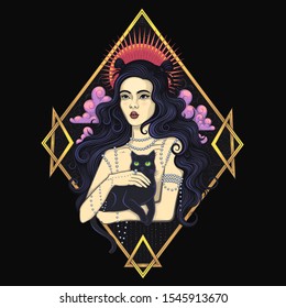 Vector Brunette Woman with Cat Illustration
