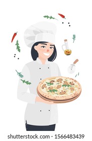 vector brunette woman cook standing with pizza in her hands surrounded by different herbs and seasonings