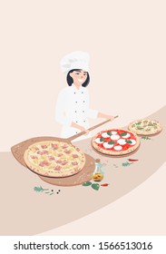 vector brunette woman cook standing near the desktop with italian pizzas