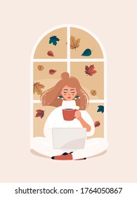 Vector brunette woman drinking a cup of tea or coffee and working on laptop by window with autumn leaves