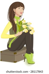 Vector brunette with yellow tulips