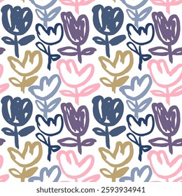 Vector brush flowers floral seamless pattern, abstract painted summer botanical minimalist background design
