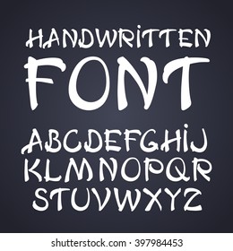 Vector brush font. White letters on chalkboard background. Chinese Hand drawing. Font, good to use in any style labels of alcohol drinks. Business card, leaflet and other printing production.