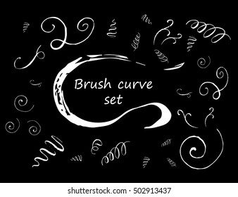 Vector brush hand drawn curves collection. Grunge dirty style swirl set isolated. Elements for your advertisement, poster, banner, print, web design.White on black background objects.