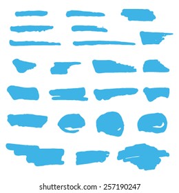 Vector brush hand drawn isolated blue strokes and stains on white background. Set of marker sketched elements for design, banner, scrapbook, craft, card, template, decor. Abstract painted illustration