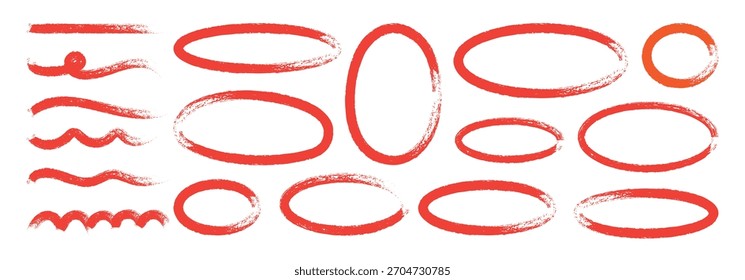Vector of brush hand drawn red doodle circles and ovals. Highlight circle frames. Vector illustration isolated on white background. 
