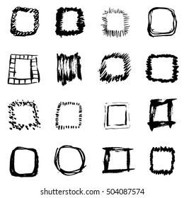 Vector brush hand drawn square frames collection. Grunge dirty style template set isolated. Elements for your advertisement, poster, banner, print, web design.White on black background objects.