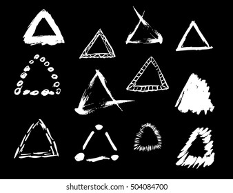 Vector brush hand drawn triangular frames collection. Grunge dirty style template set. Elements for your advertisement, poster, banner, print, web design.White on black background objects.