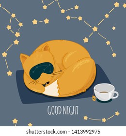 Vector brush illustration for kids design. Cute sleeping fox character. 