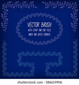 Vector brush with inner and outer corners, start and end tiles. Branch with leaves and bud. Perfect for round and rectangular frames, for separate decorative elements.  Example using.