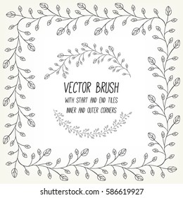 Vector brush with inner and outer corners, start and end tiles. Branch with leaves and bud. Perfect for round and rectangular frames, for separate decorative elements.  Example using.