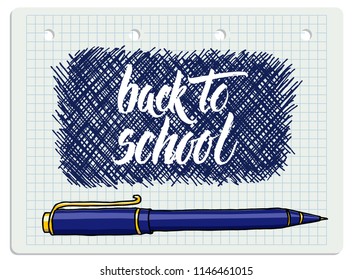 Vector brush lettering Back to School words and a pen over hand drawn freeform frame chequered notebook page background.