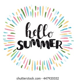 Vector brush lettering composition.Phrase Hello Summer and color splash around it