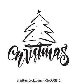 Vector brush lettering type of Christmas. Greeting card with hand drawn Christmas tree