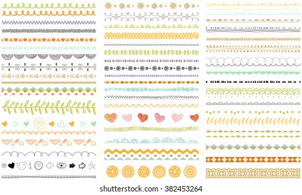 Vector brush lines and borders set. Hand drawn strokes collection. Seasonal ornaments. Doodle patterns. Decorative design elements.