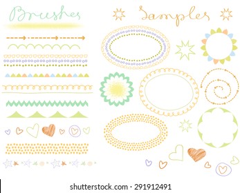 Vector brush lines. Hand drawn strokes collection. Doodle patterns. Borders set. Design elements.