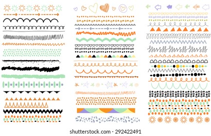 Vector brush lines. Hand drawn strokes collection. Doodle patterns. Borders set. Design elements.