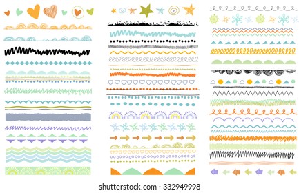 Vector brush lines. Hand drawn strokes collection. Doodle patterns. Borders set. Design elements.