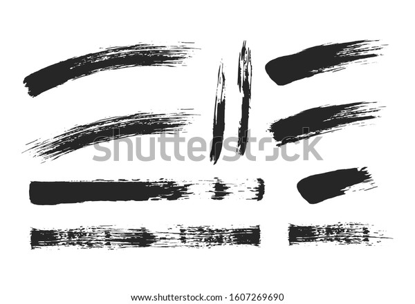 Vector brush mascara strokes. Distressed smear\
scratches. Black isolated paintbrush set. Chinese rough dirty\
borders. Stencil lines.