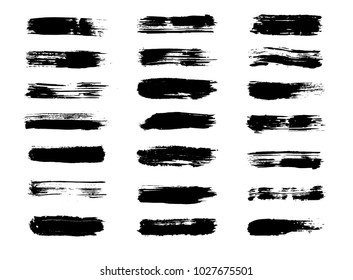 Vector brush paint, ink black stroke, paintbrush, line, grunge texture. Dirty artistic design box set, elements, splashes, shapes or background for text. Hand drawn banner and frame collection.