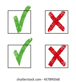 Vector brush painted check marks. Yes and no symbols. 