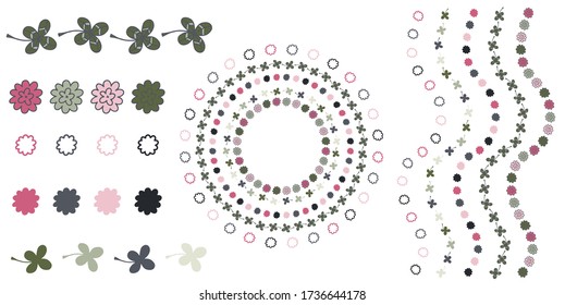 Vector brush in pink and green with leaves and flowers. Great for cards, invitations, social media, sticker, marketing.