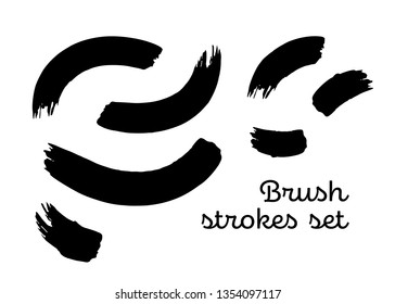 Vector brush set of 7 handdrawn curve stroke illustration on white. Abstract black vector shape. Ink brush grunge elements for text, elements, template for backgrounds or card design.