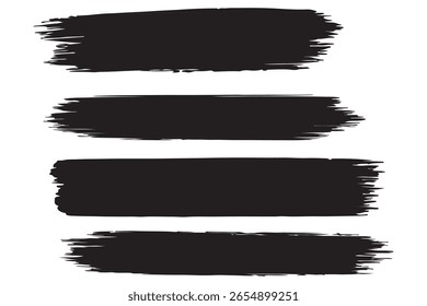 Listras de pincel vetorial traços de tinta marcador de pacote grunge. Coleção de pinceladas de pintura de vetor negrito traços de pincel, linhas de grunge grossas desenhadas à mão e formas retangulares grunge moderno. Conjunto de traçado de pincel de tinta, grunge preto