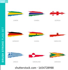 Vector brush stroke flag set, nine grunge flag: Gabon, Gambia, Georgia, Germany, Ghana, Gibraltar, Greece, Greenland, Grenada