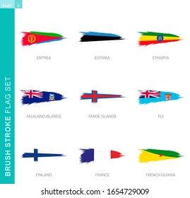 Vector brush stroke flag set, nine grunge flag: Eritrea, Estonia, Ethiopia, Falkland Islands, Faroe Islands, Fiji, Finland, France, French Guiana