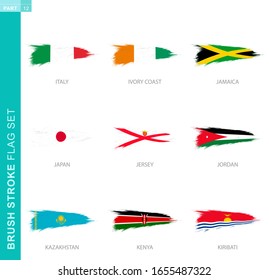 Vector brush stroke flag set, nine grunge flag: Italy, Ivory coast, Jamaica, Japan, Jersey, Jordan, Kazakhstan, Kenya, Kiribati