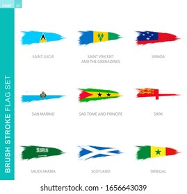 Vector brush stroke flag set, nine grunge flag: Saint Lucia, Saint Vincent and the Grenadines, Samoa, San Marino, Sao Tome and Principe, Sark, Saudi Arabia, Scotland, Senegal