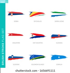 Vector brush stroke flag set, nine grunge flag: Serbia, Seychelles, Sierra Leone, Singapore, Sint Maarten, Slovakia, Slovenia, Solomon Islands, Somalia